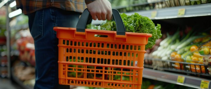 Volle Einkaufskörbe im Schweizer Detailhandel Ein oranger Einkaufskorb